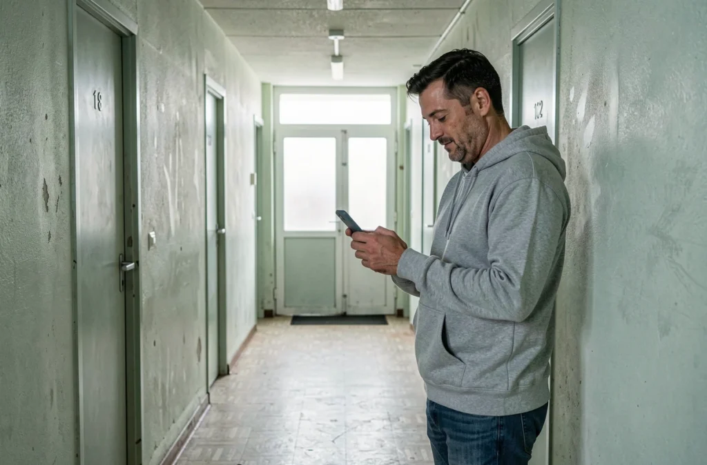 Homme vérifiant son téléphone dans le couloir d'un immeuble HLM après une visite d'appartement