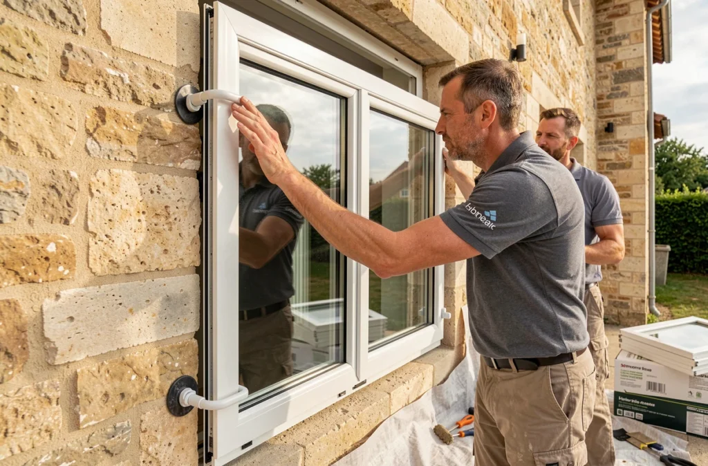 Poseur de Menuiseries Bouvet installant un cadre de fenêtre triple vitrage performant dans la façade d'une maison en pierre en Indre-et-Loire