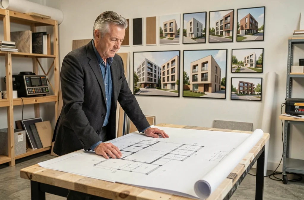 Architecte-bâtisseur de Pro Bati Bonnivert étudiant des plans architecturaux dans son atelier professionnel à Tours