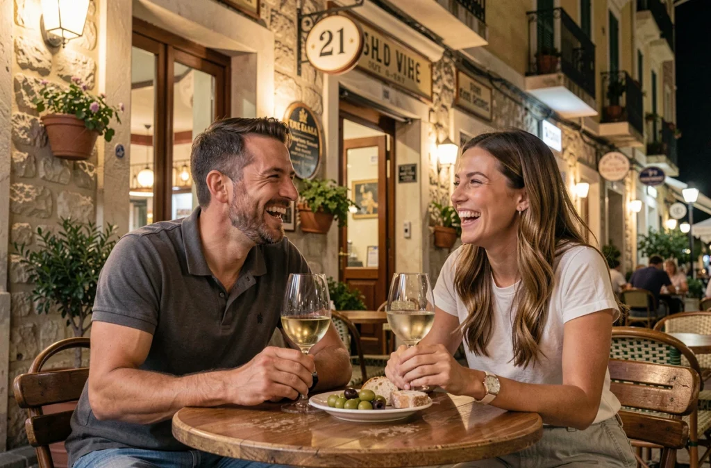 Deux amis adultes profitant d'une soirée en terrasse de bar à Nice, verres de vin et ambiance détendue