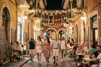 Groupe d'adultes se promenant dans une ruelle animée du vieux Nice la nuit, avec terrasses de restaurants et façades colorées