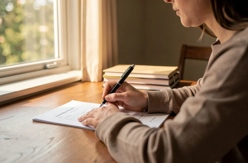 Formulaire papier rempli au stylo sur une table