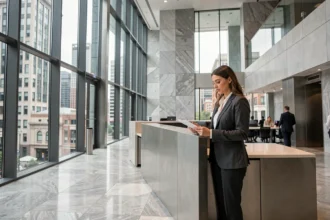 Hall d'entrée moderne et élégant du Citadel Center avec sol en marbre poli, façade vitrée et réception accueillant une professionnelle en tenue d'affaires